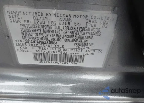 2019 Nissan Versa S/S Plus/Sv from USA, damaged, VIN 3N1CN7AP0KL845054